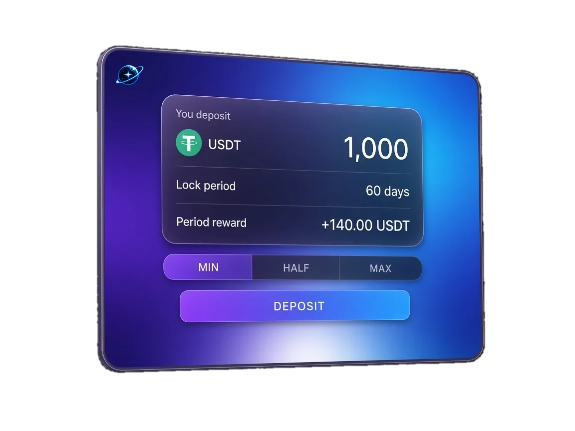 NOVA 예치 화면: 1,000 USDT, 60일 락업, 기간 보상 +140 USDT